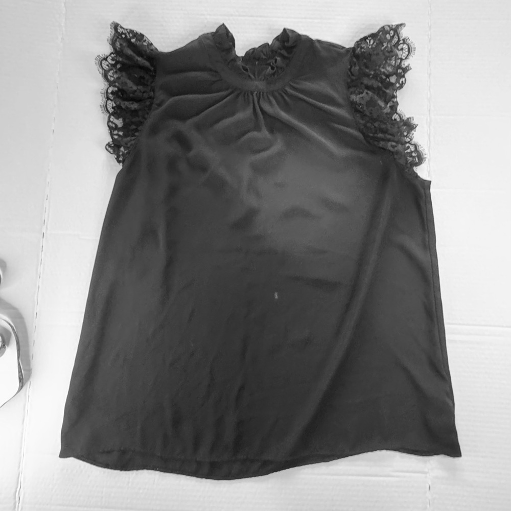 Express Black Lace Sleeve Blouse Ruffle Neck Sleeveless Top Size M Elegant Chic - Picture 5 of 11